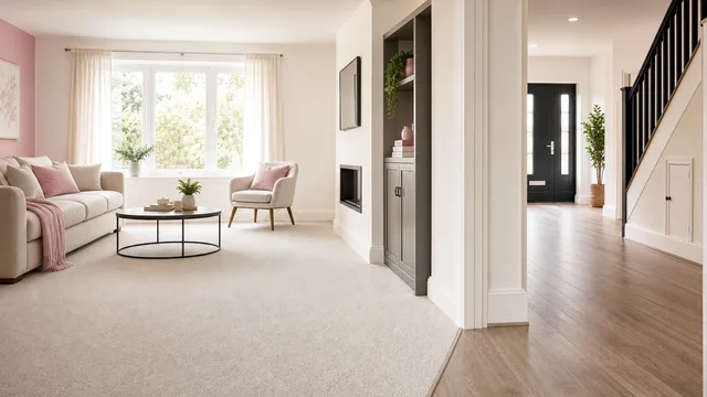 A tidy living room with soft pink furnishings and natural daylight